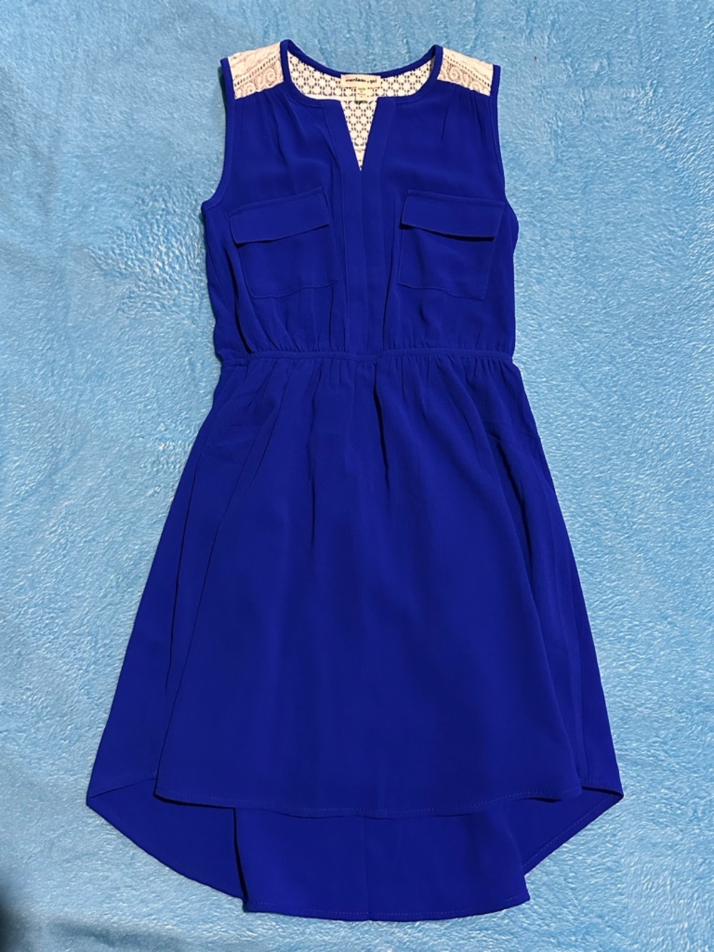 Girls' Royal Blue Sleeveless Casual Dress with Lace Yoke